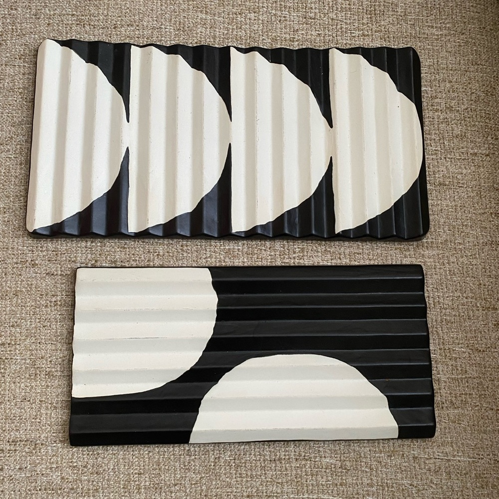 Set of 2 Crate & Barrel Black and White Geometric Ceramic Trays